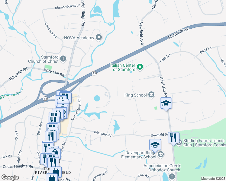 map of restaurants, bars, coffee shops, grocery stores, and more near 5 High Ridge Park in Stamford