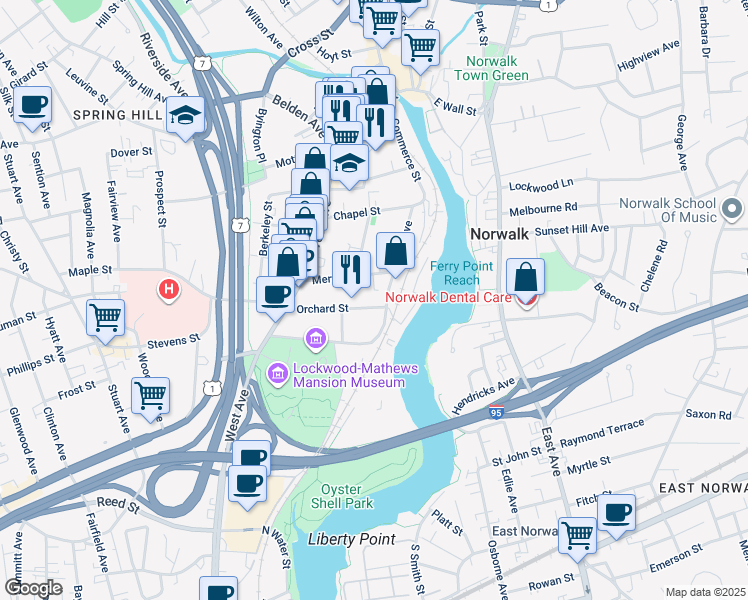map of restaurants, bars, coffee shops, grocery stores, and more near 39 Orchard Street in Norwalk
