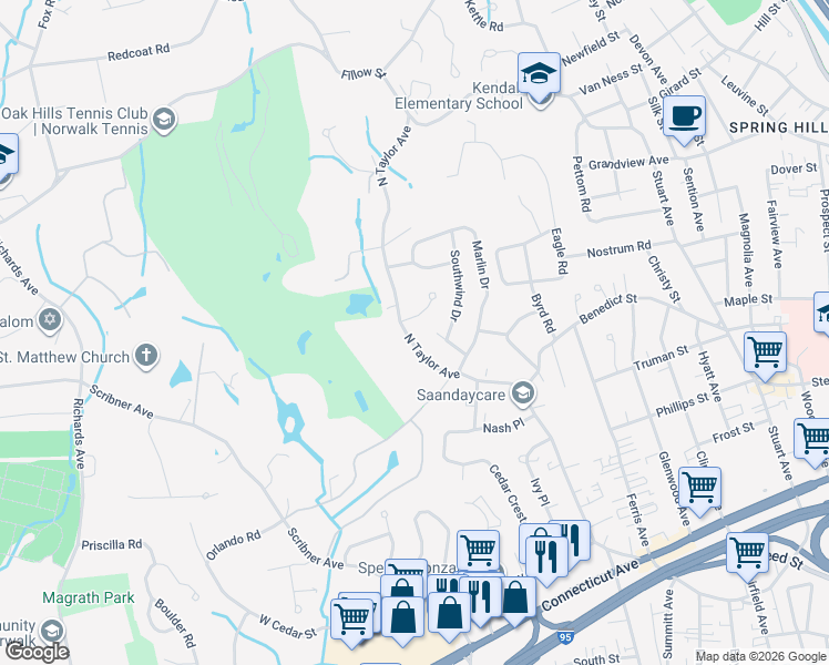 map of restaurants, bars, coffee shops, grocery stores, and more near 2A Lacey Lane in Norwalk