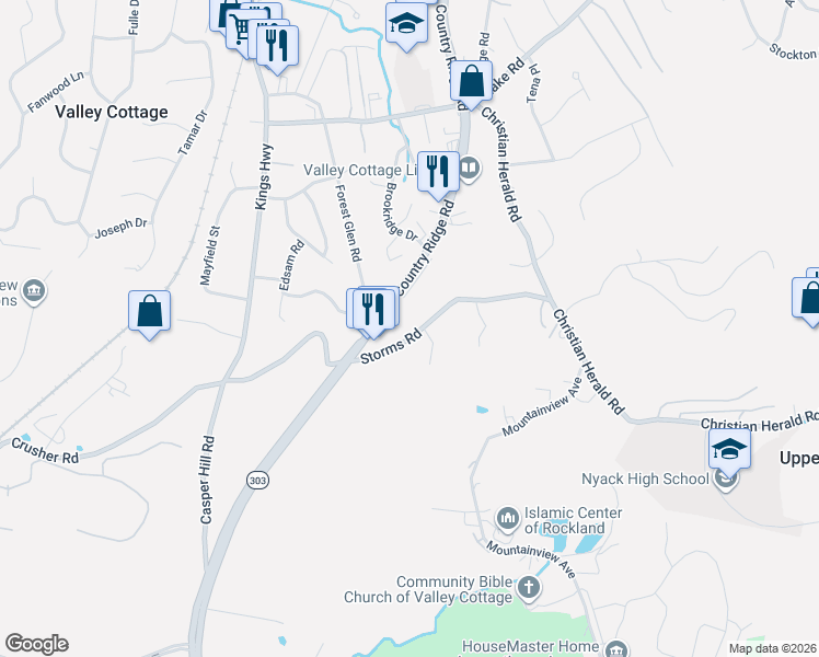 map of restaurants, bars, coffee shops, grocery stores, and more near 434 Storms Road in Valley Cottage