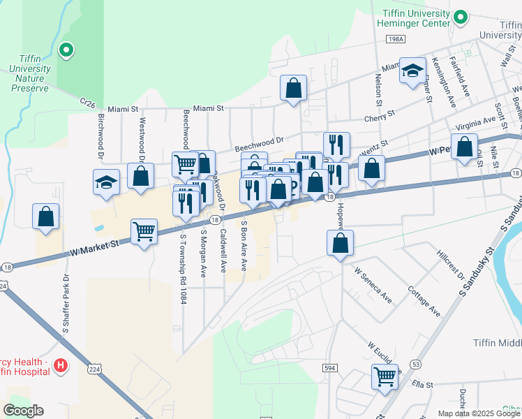 map of restaurants, bars, coffee shops, grocery stores, and more near 2161 West Market Street in Tiffin