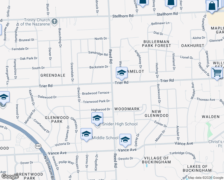 map of restaurants, bars, coffee shops, grocery stores, and more near 3722 Reed Road in Fort Wayne