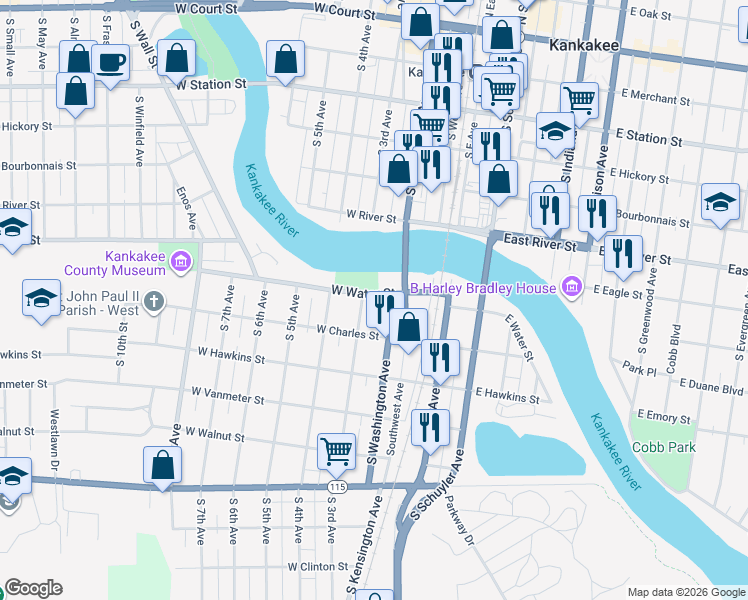 map of restaurants, bars, coffee shops, grocery stores, and more near 258 West Water Street in Kankakee