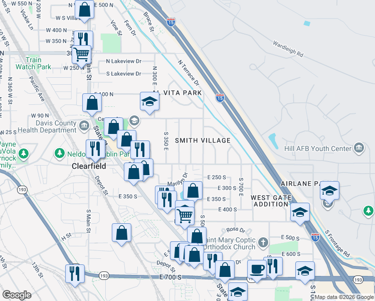 map of restaurants, bars, coffee shops, grocery stores, and more near 150 South 450 East in Clearfield