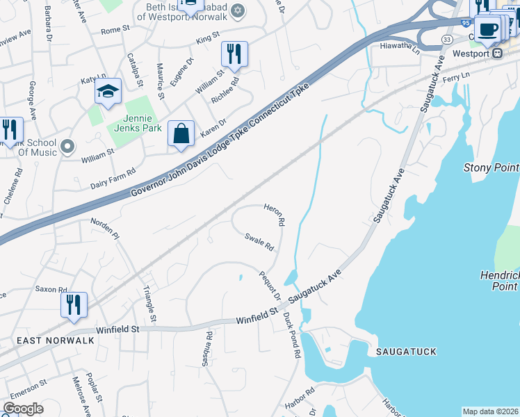 map of restaurants, bars, coffee shops, grocery stores, and more near 24 Heron Road in Norwalk