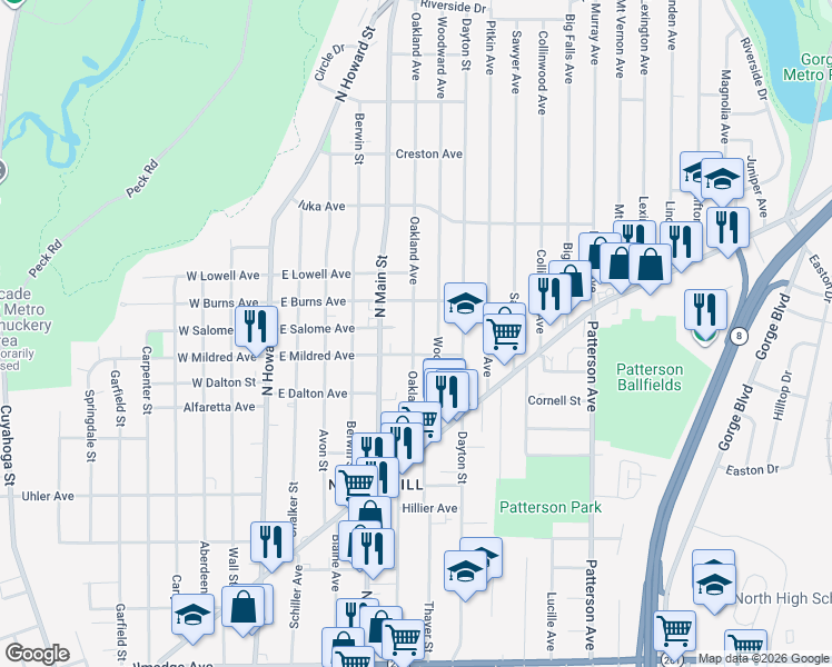 map of restaurants, bars, coffee shops, grocery stores, and more near 978 Woodward Avenue in Akron