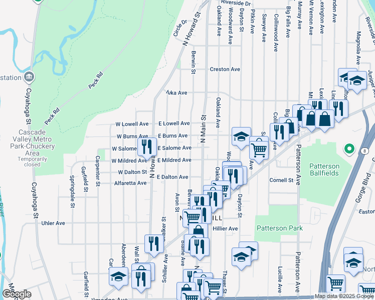 map of restaurants, bars, coffee shops, grocery stores, and more near 994 Berwin Street in Akron