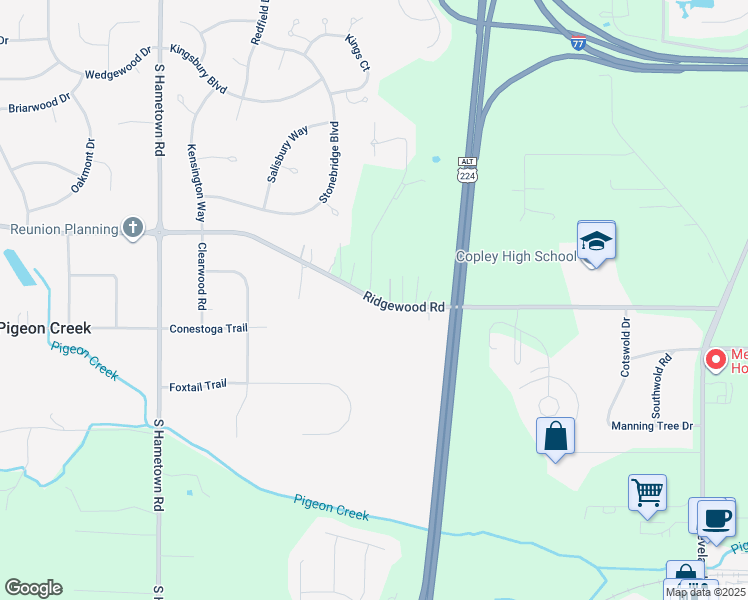 map of restaurants, bars, coffee shops, grocery stores, and more near 4035 Ridgewood Road in Akron