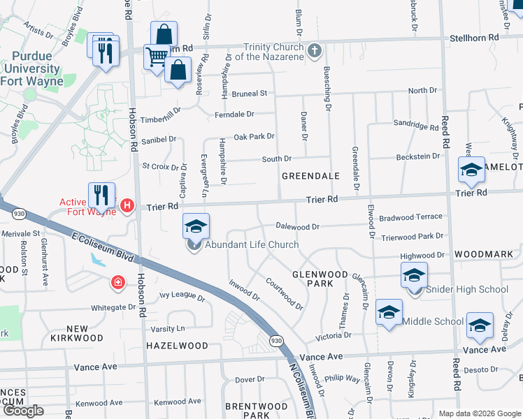 map of restaurants, bars, coffee shops, grocery stores, and more near 3740 Kirkfield Dr in Fort Wayne