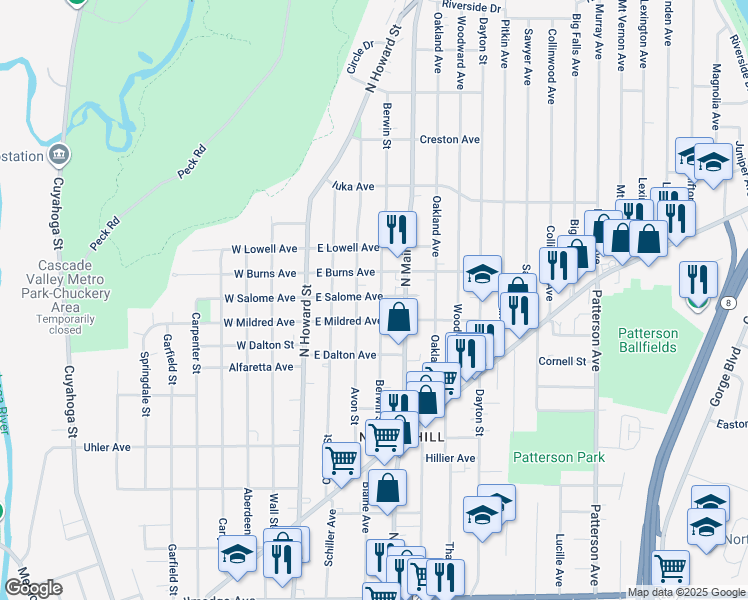 map of restaurants, bars, coffee shops, grocery stores, and more near 994 Berwin Street in Akron