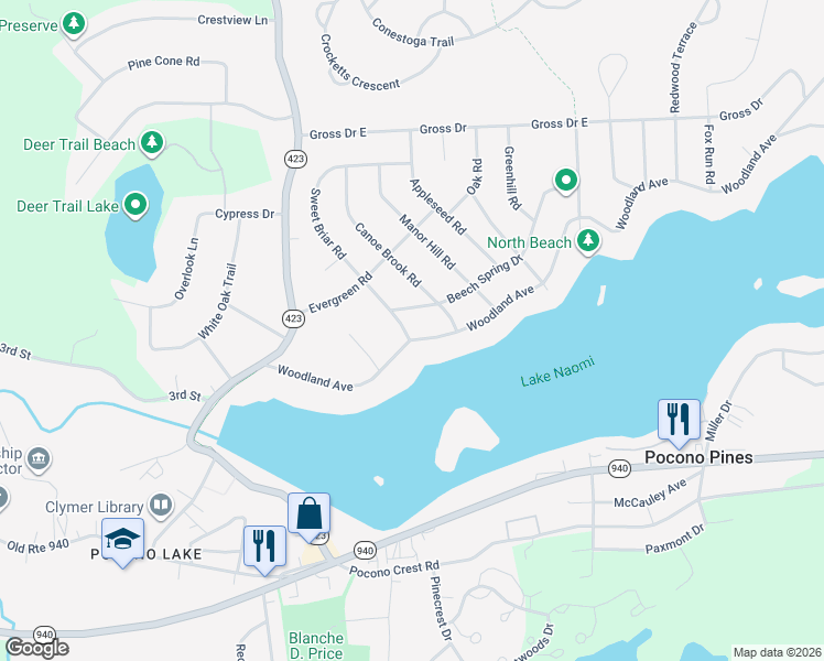 map of restaurants, bars, coffee shops, grocery stores, and more near 110 Sweet Briar Road in Pocono Pines