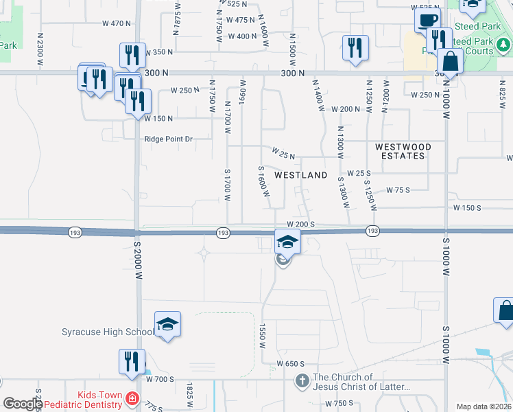 map of restaurants, bars, coffee shops, grocery stores, and more near 1648 West 150th South in West Point