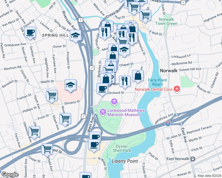 map of restaurants, bars, coffee shops, grocery stores, and more near 515 West Avenue in Norwalk