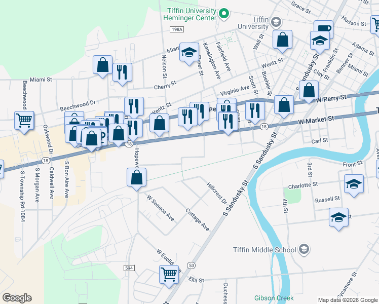 map of restaurants, bars, coffee shops, grocery stores, and more near 88 Lindsay Avenue in Tiffin