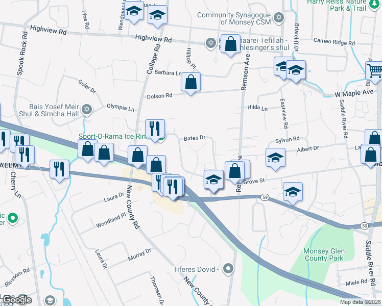 map of restaurants, bars, coffee shops, grocery stores, and more near 37 Witzel Court in Monsey