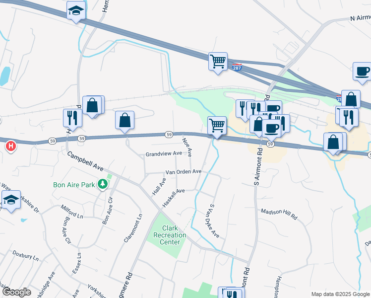 map of restaurants, bars, coffee shops, grocery stores, and more near 46 Grandview Avenue in Suffern