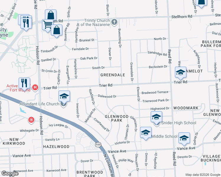 map of restaurants, bars, coffee shops, grocery stores, and more near 4066 Trier Road in Fort Wayne