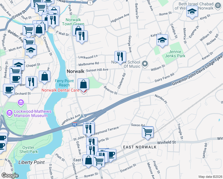 map of restaurants, bars, coffee shops, grocery stores, and more near 65 Beacon Street in Norwalk