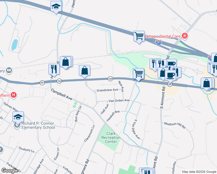 map of restaurants, bars, coffee shops, grocery stores, and more near 22 Grandview Avenue in Suffern