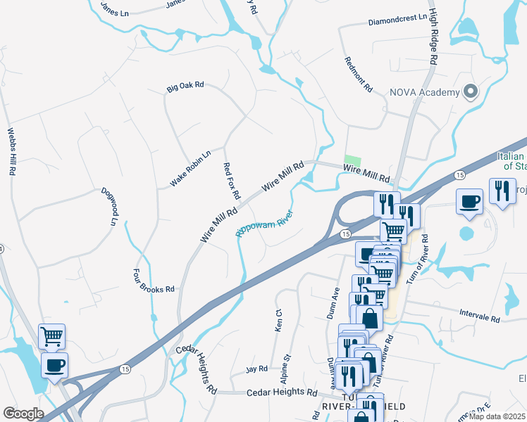 map of restaurants, bars, coffee shops, grocery stores, and more near 18 Studio Road in Stamford