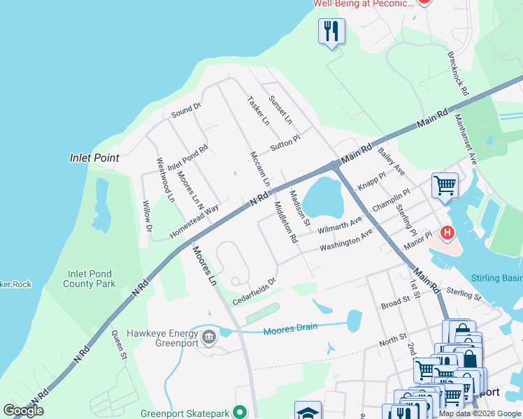 map of restaurants, bars, coffee shops, grocery stores, and more near 130 Bennet Road in Greenport