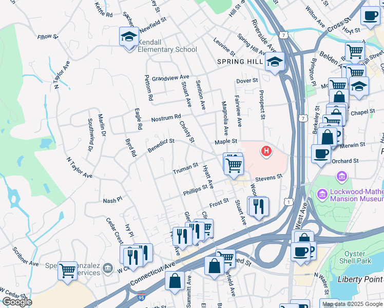 map of restaurants, bars, coffee shops, grocery stores, and more near 74 Clinton Avenue in Norwalk