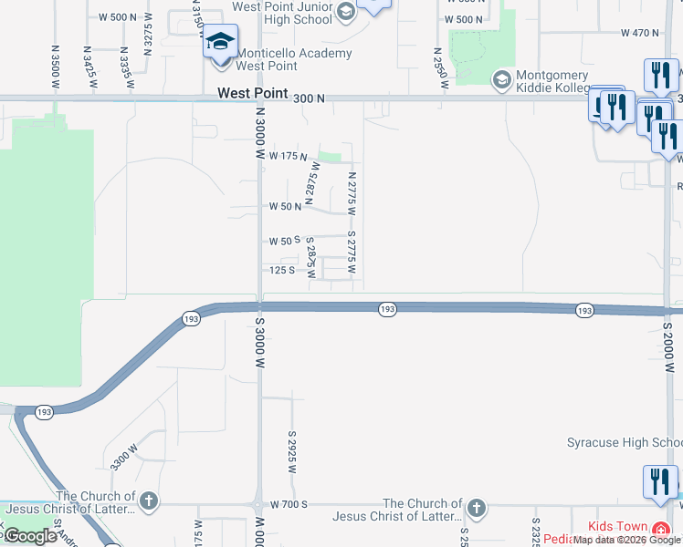 map of restaurants, bars, coffee shops, grocery stores, and more near 2804 West 150th South in West Point