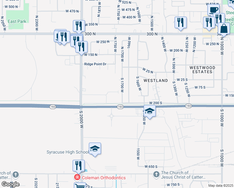 map of restaurants, bars, coffee shops, grocery stores, and more near 157 South 1700 West in West Point