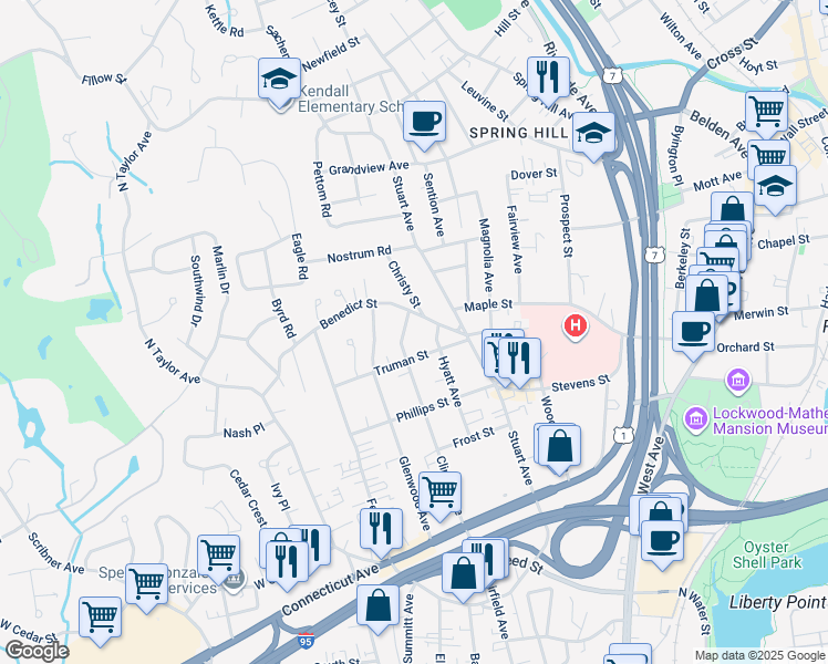 map of restaurants, bars, coffee shops, grocery stores, and more near 74 Clinton Avenue in Norwalk