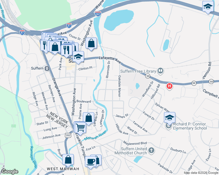 map of restaurants, bars, coffee shops, grocery stores, and more near 42 Riverside Drive in Suffern