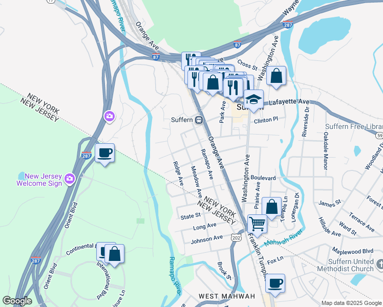 map of restaurants, bars, coffee shops, grocery stores, and more near 25 Ramapo Avenue in Suffern