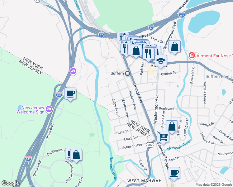 map of restaurants, bars, coffee shops, grocery stores, and more near 19 West Maple Avenue in Suffern