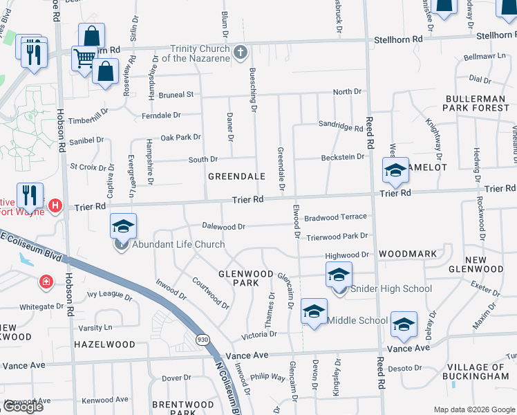 map of restaurants, bars, coffee shops, grocery stores, and more near 4166 Trier Road in Fort Wayne