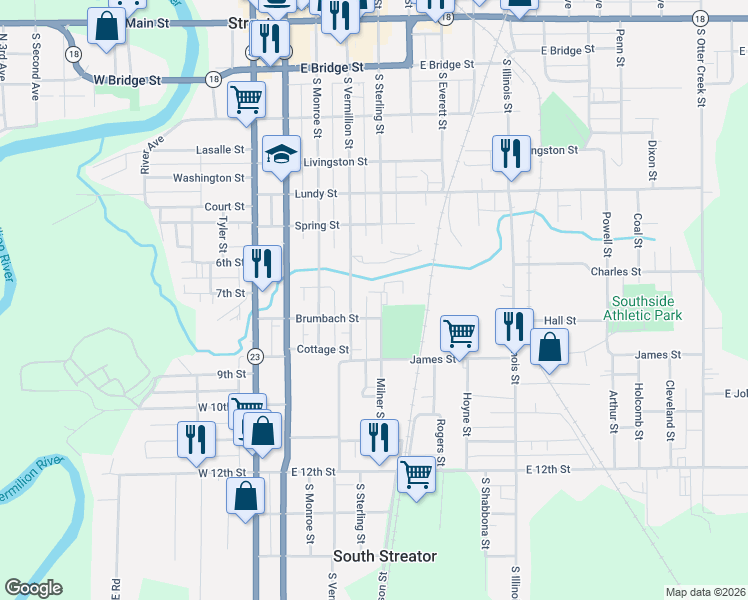 map of restaurants, bars, coffee shops, grocery stores, and more near 702 South Sterling Street in Streator