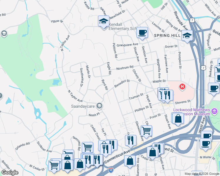 map of restaurants, bars, coffee shops, grocery stores, and more near 60 Benedict Street in Norwalk