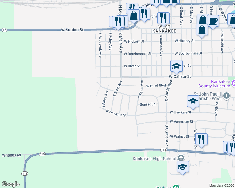 map of restaurants, bars, coffee shops, grocery stores, and more near 2095 West Grace Street in Kankakee