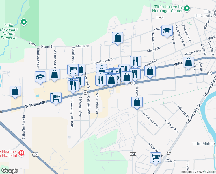 map of restaurants, bars, coffee shops, grocery stores, and more near 639 West Market Street in Tiffin