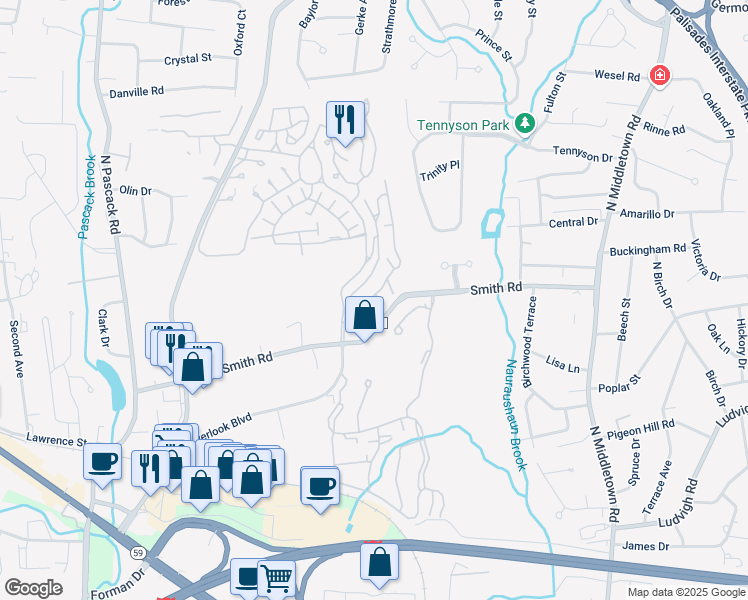 map of restaurants, bars, coffee shops, grocery stores, and more near 2 Woodland Terrace in Nanuet