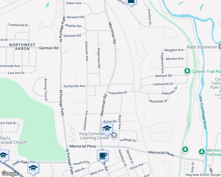map of restaurants, bars, coffee shops, grocery stores, and more near 737 Merriman Road in Akron
