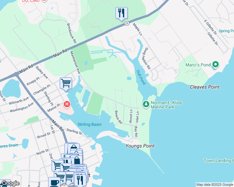 map of restaurants, bars, coffee shops, grocery stores, and more near 220 Fiddler Ln in Greenport