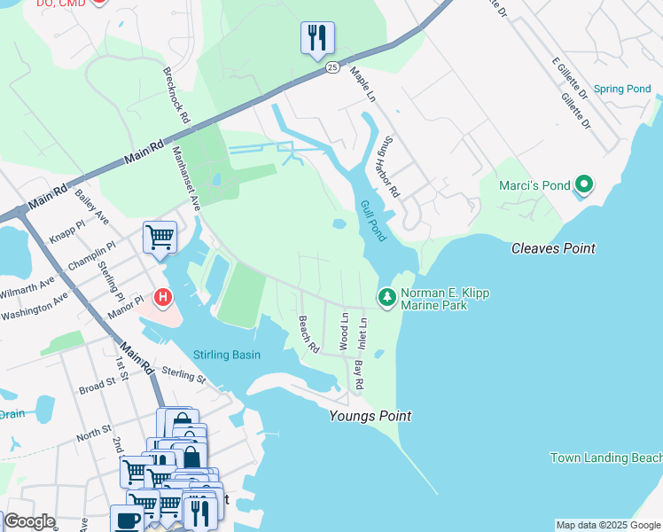 map of restaurants, bars, coffee shops, grocery stores, and more near 420 Meadow Lane in Greenport