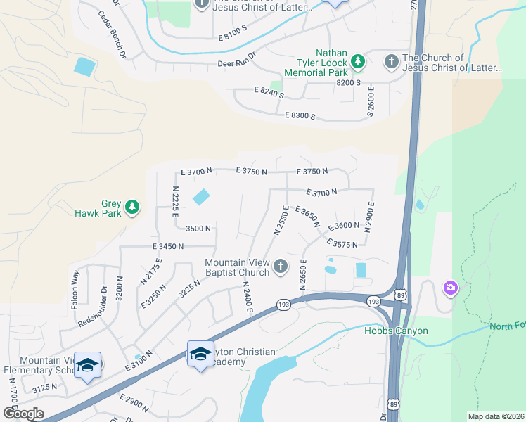 map of restaurants, bars, coffee shops, grocery stores, and more near 3579 North 2400 East in Layton