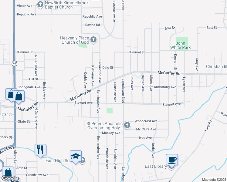map of restaurants, bars, coffee shops, grocery stores, and more near 840 Sunshine Avenue in Youngstown