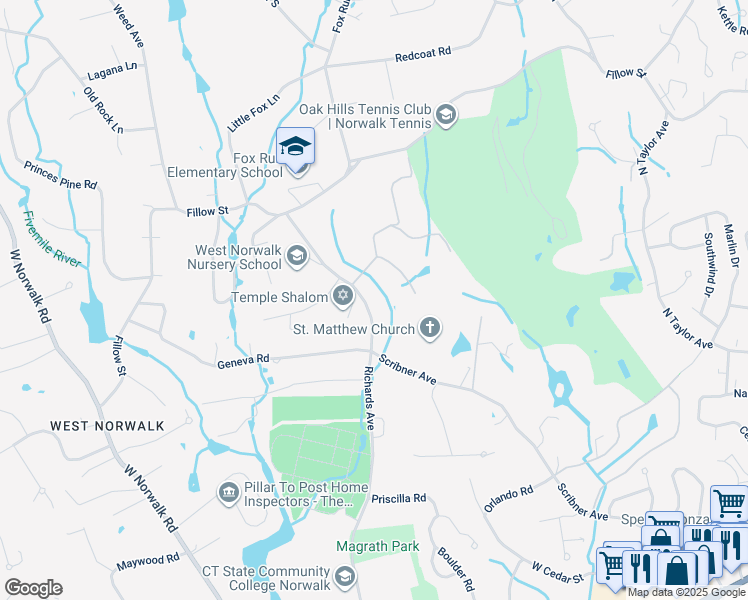 map of restaurants, bars, coffee shops, grocery stores, and more near 254 Richards Avenue in Norwalk