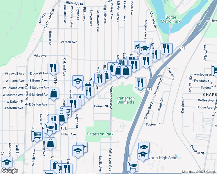 map of restaurants, bars, coffee shops, grocery stores, and more near 436 E Cuyahoga Falls Ave in Akron