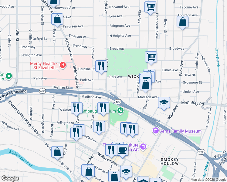 map of restaurants, bars, coffee shops, grocery stores, and more near 820 Michigan Avenue in Youngstown