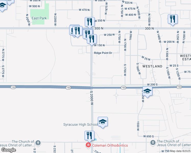 map of restaurants, bars, coffee shops, grocery stores, and more near 1950 West 75 South in West Point