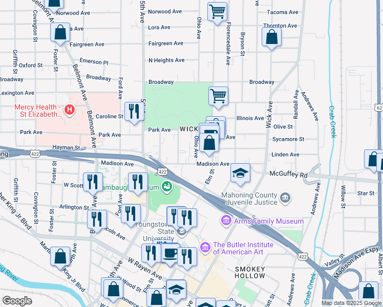 map of restaurants, bars, coffee shops, grocery stores, and more near 818 Ohio Avenue in Youngstown