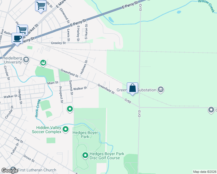 map of restaurants, bars, coffee shops, grocery stores, and more near 501 Greenfield Street in Tiffin