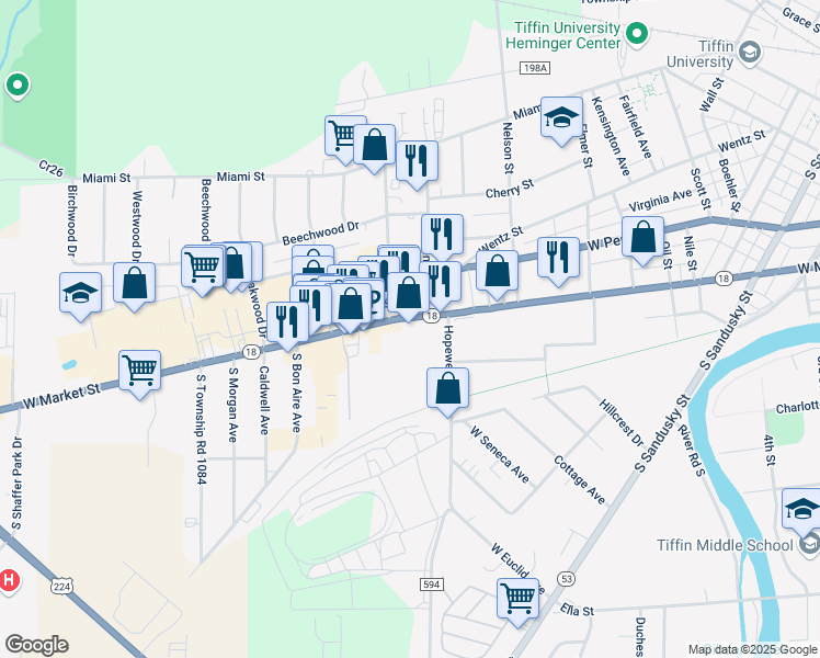 map of restaurants, bars, coffee shops, grocery stores, and more near 1530 West Market Street in Tiffin